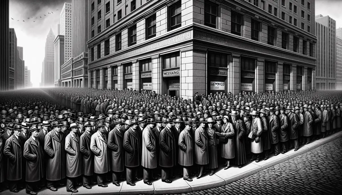 Black and white photo of people in long lines outside of a bank during the Great Depression to withdraw their savings, depicting the economic crisis