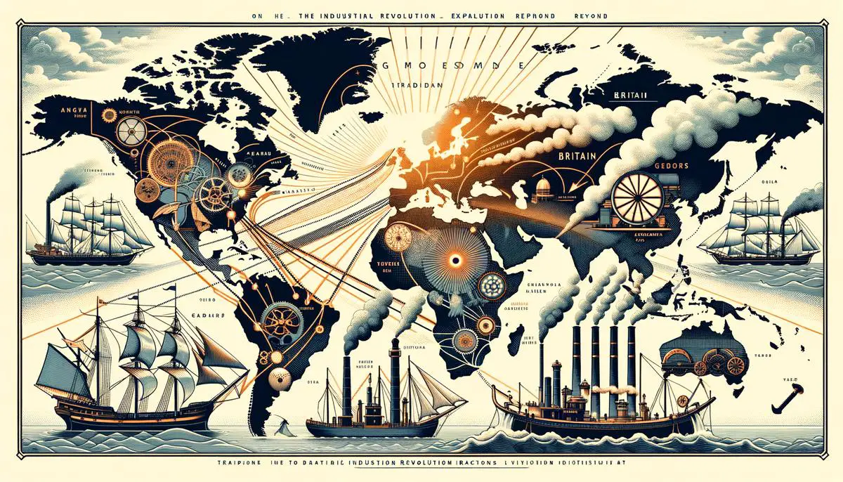 Illustration of the spread of the Industrial Revolution beyond Britain, showing interconnected trade routes and technological advancements