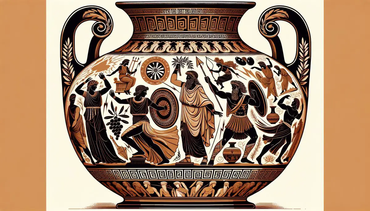 Ancient Greek pottery depicting gods and mythological scenes
