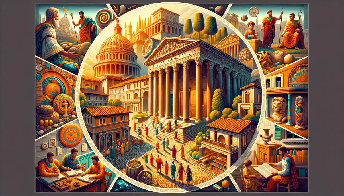 An artistic depiction of Roman society, highlighting various aspects such as religion, architecture, education, and family structure
