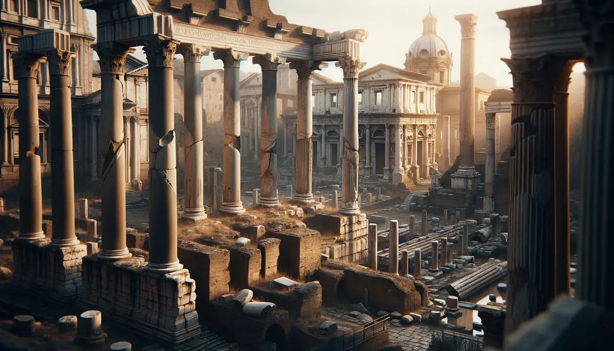 Ancient Roman Forum with Roman columns and ruins, showcasing the historical significance of Roman politics