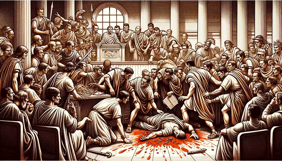An illustration depicting Brutus and other conspirators assassinating Julius Caesar