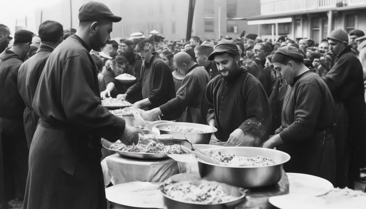 A black and white photograph of Capuchin friars and volunteers serving food to a large crowd at the Capuchin Services Center during the Great Depression.