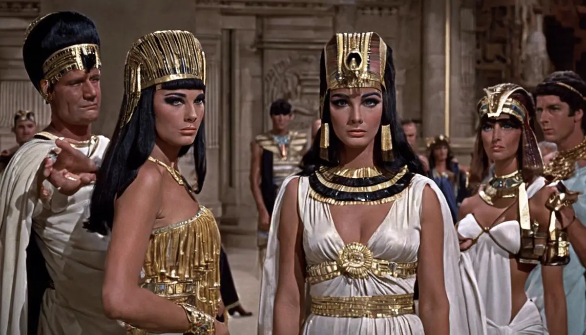 A still from the 1963 film Cleopatra, showcasing the glamorous portrayal of the historical figures