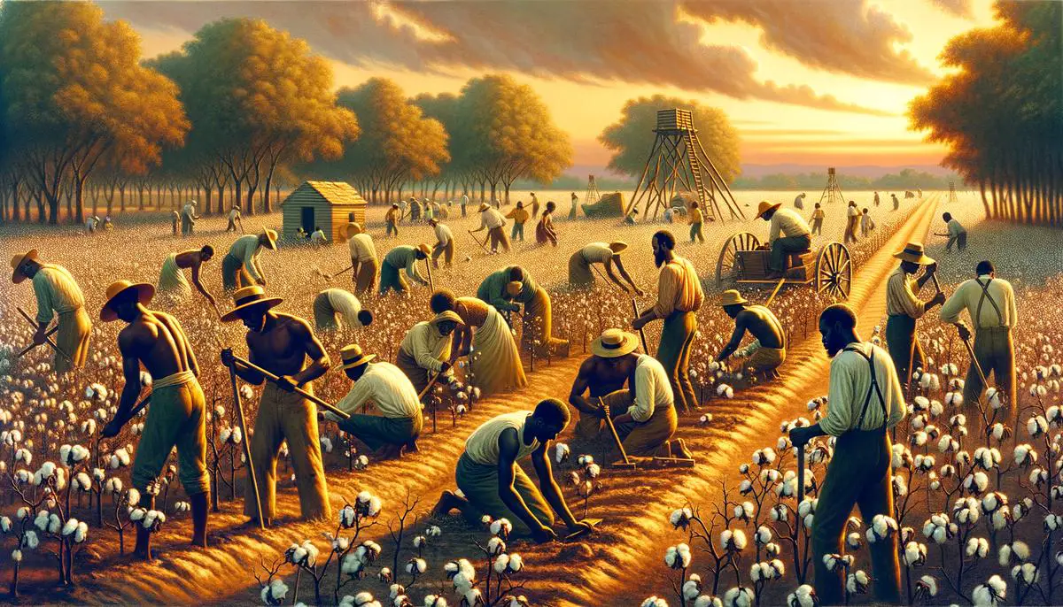 historic image of enslaved individuals working in a field, depicting the harsh conditions and labor they endured