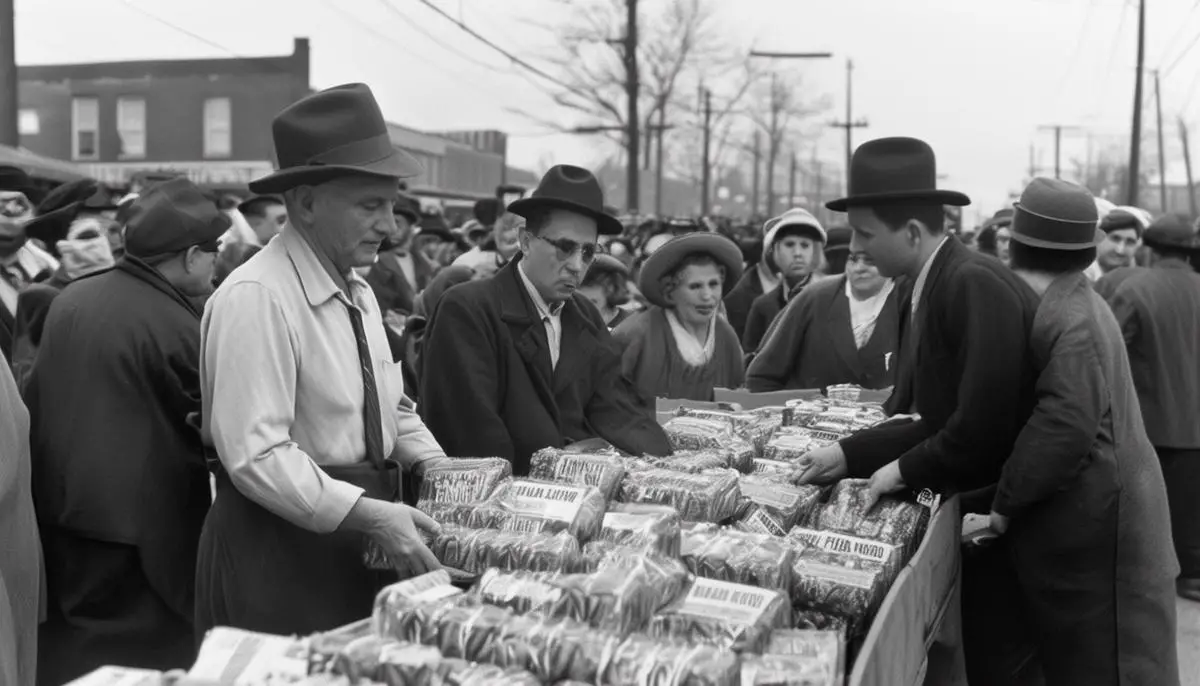 Government officials and volunteers distributing surplus food items to a large crowd through the Federal Surplus Relief Corporation program during the Great Depression.