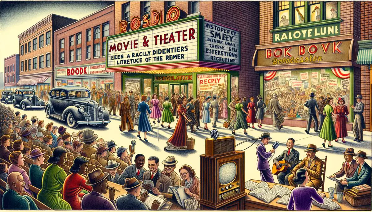 A depiction of various forms of popular culture during the Great Depression, including movies, music, radio programs, and literature.