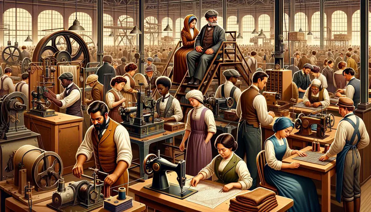 Illustration of people working in factories during the Industrial Revolution