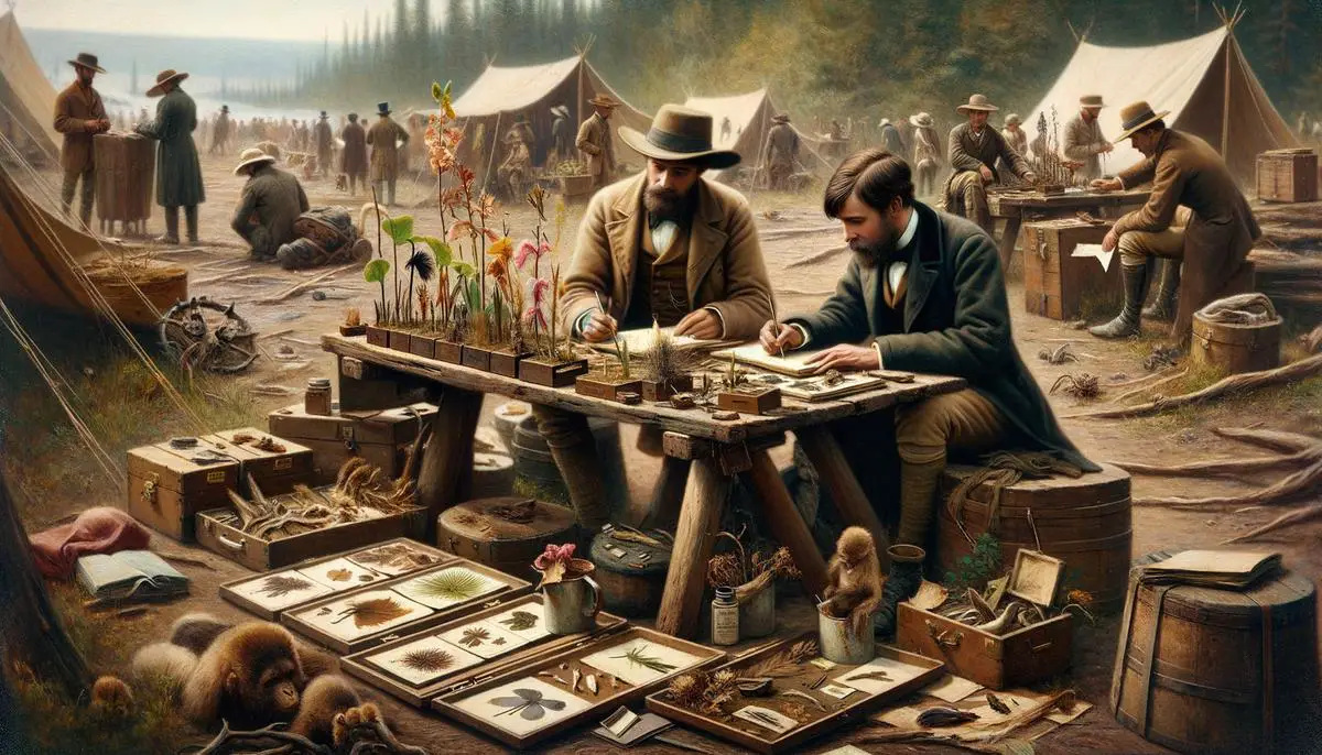 Meriwether Lewis and William Clark examining and documenting newly discovered plant and animal specimens during their expedition, with various samples laid out on a table before them