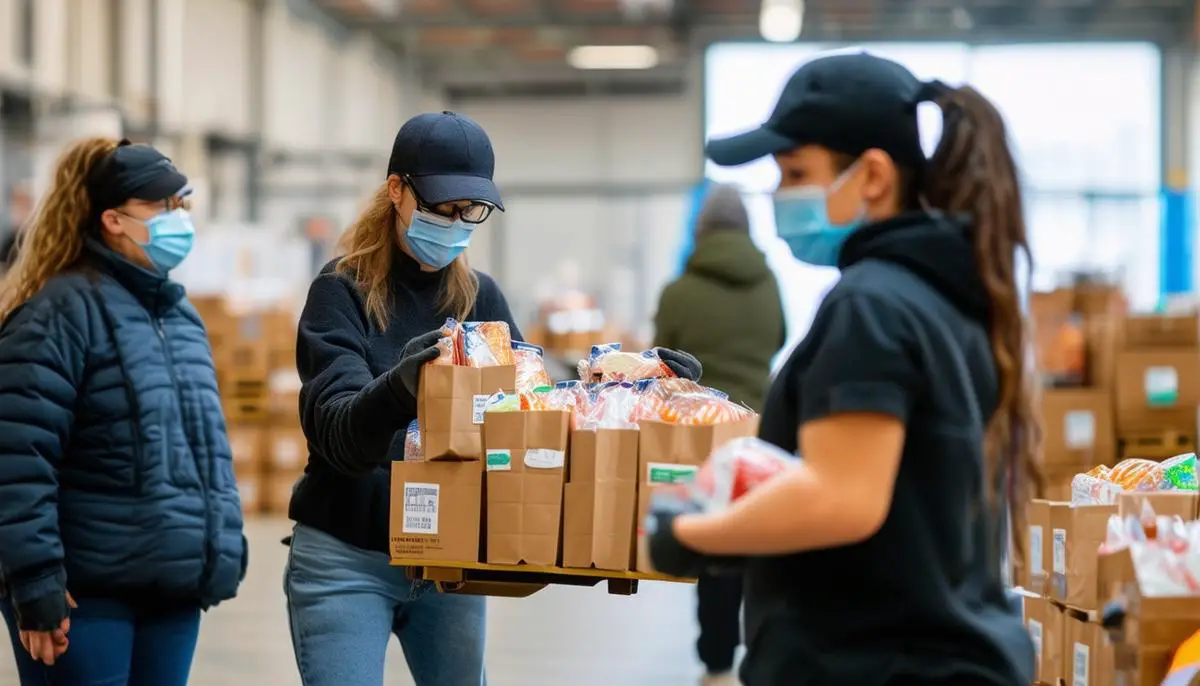 Volunteers distributing food packages to people in need at a modern food bank, adapting to safety protocols during the COVID-19 pandemic.