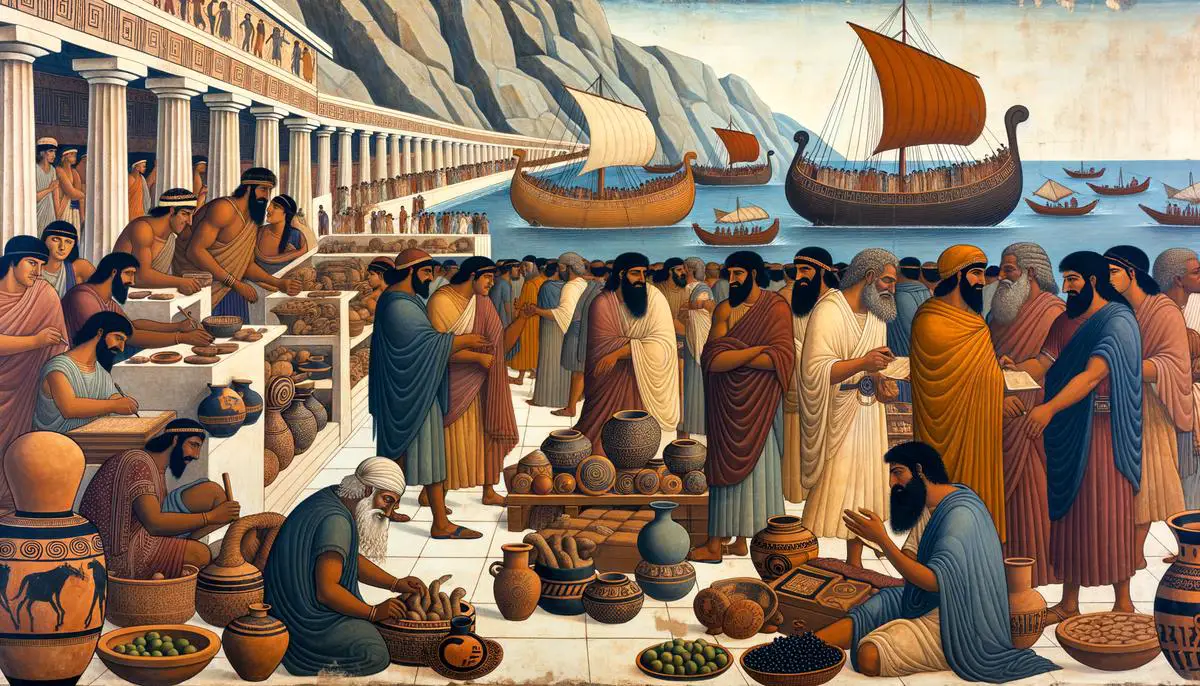 An artistic representation of Mycenaean civilization, showcasing trade and economic activities