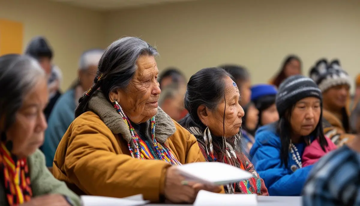 A group of Native American community members, young and old, attending a language class to learn and preserve their traditional language, as part of crucial cultural preservation efforts.