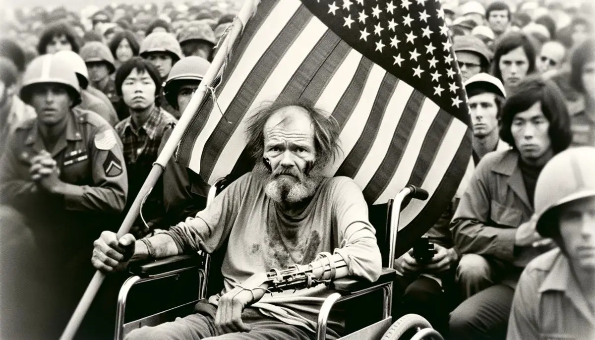 A paralyzed Vietnam veteran in a wheelchair holding an upside-down American flag in protest