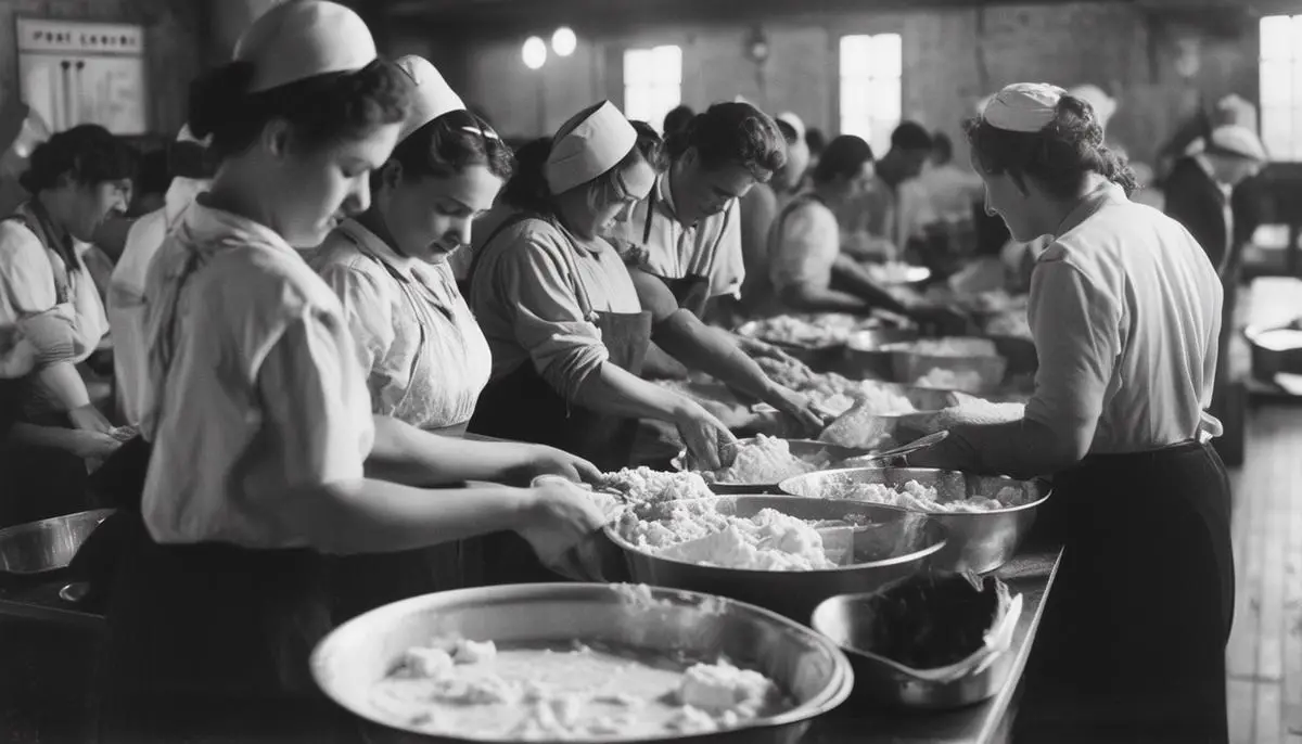Volunteers from various religious backgrounds working together to prepare and serve meals at a soup kitchen during the Great Depression.
