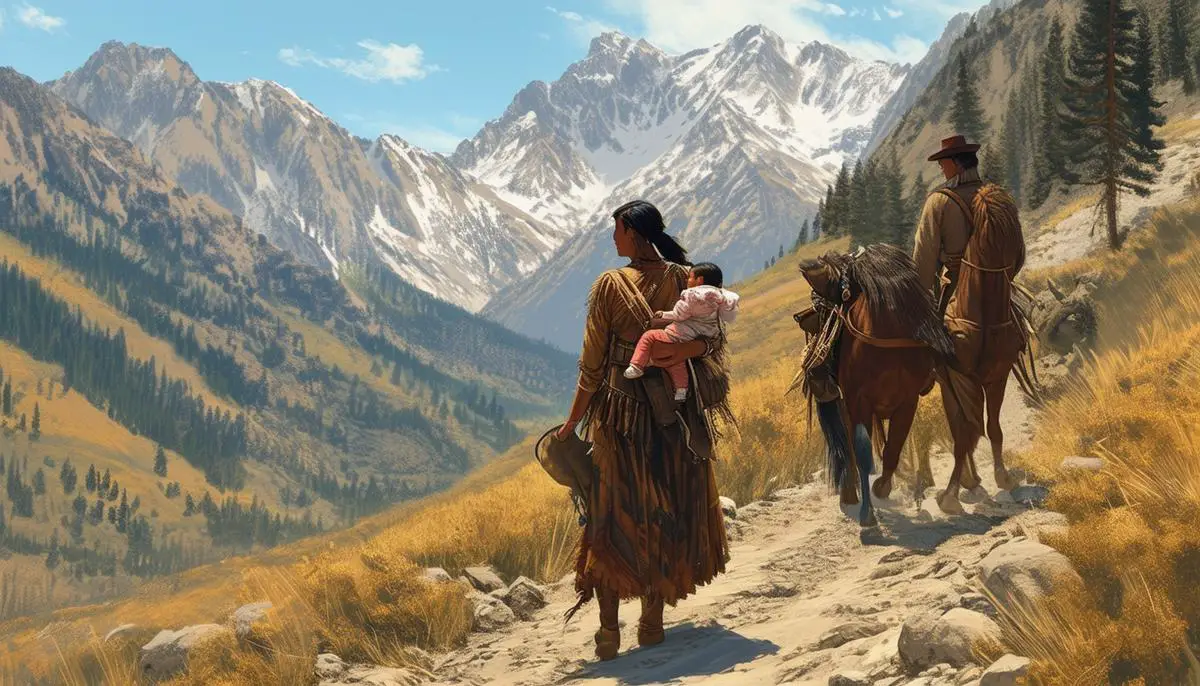 Sacagawea, the Lemhi Shoshone guide and interpreter, leading Meriwether Lewis and William Clark through a challenging mountain pass during their expedition, with her baby strapped to her back