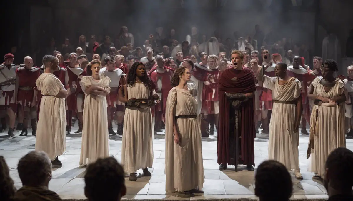 A stage performance of Shakespeare's Julius Caesar, showcasing the iconic depiction of the titular character