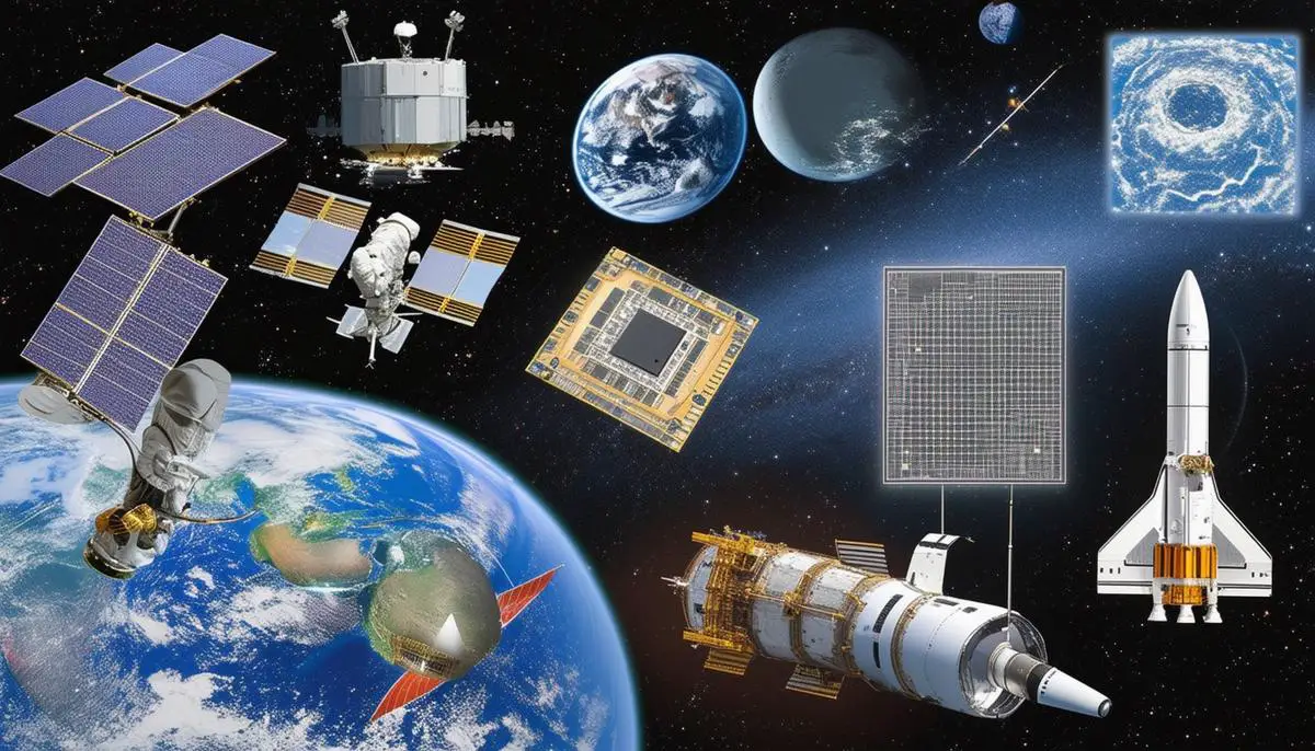 A montage of technological innovations that emerged from the Space Race, including satellites, computer chips, and advanced materials