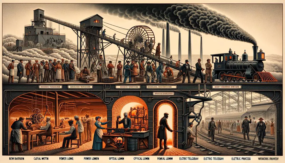An image depicting various technological milestones of the Industrial Revolution including iron-making techniques, the power loom, steam locomotive, optical telegraph, electric telegraph, and the Bessemer process.