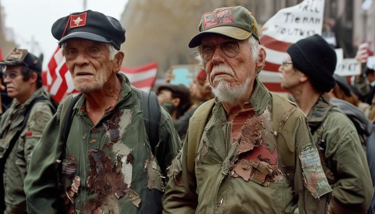 Vietnam War veterans wearing ragged fatigues and staging protests incorporating American revolutionary symbols