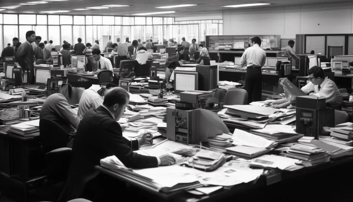 The busy newsroom of The Washington Post during the Watergate era, with journalists working on investigative stories